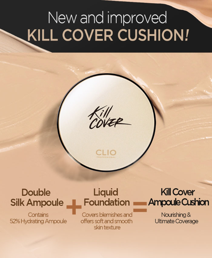 CLIO Kill Cover Liquid Founwear Ampoule Cushion Set 02 Lingerie 10g SPF50+ PA+++ with Refill 20g(Power Long Lasting Effect)